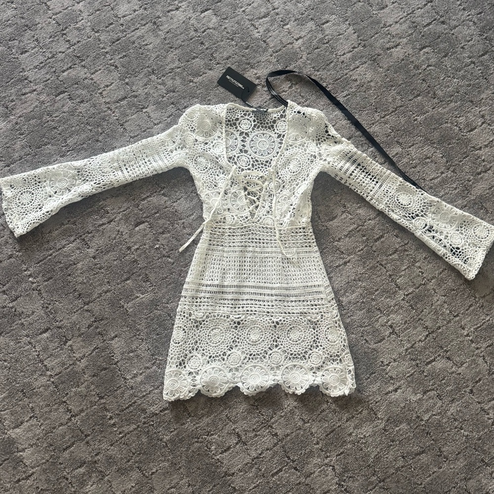 PrettyLittleThing White Crochet Long Sleeve Dress NWT
